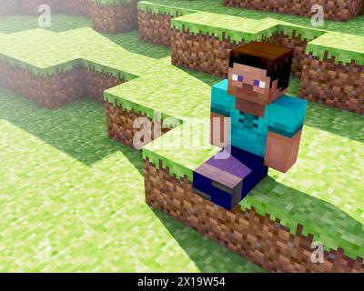Digital animation, 3d pixel and computer graphics in illustration for video games and online entertainment. Geometric, block and bricks for character Stock Photo