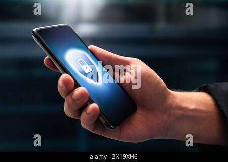 Phone data security protect from scam and mobile crime. Online privacy and cyber safety with cell app password. Spy, spyware or identity theft. Stock Photo