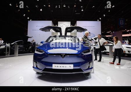 File photo - Tesla Model X on display on the first press day of Paris Motor Show 2016, known as 'Mondial de l'Automobile' in Paris, France on September 29, 2016. Tesla will lay off more than 10% of its global workforce, according to a memo sent to employees by CEO Elon Musk. The company's shares closed down more than 5% on Monday. Tesla had 140,473 employees as of December 2023. Tesla shares have taken a bruising in recent months, falling 31% year to date. While electric vehicle sales are still gaining popularity worldwide, their sales growth rate has slowed especially for Tesla. The company n Stock Photo