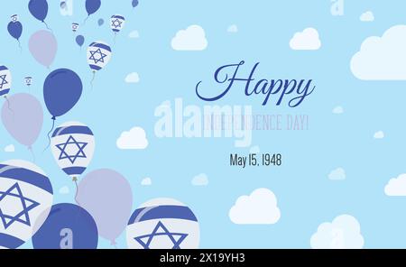 Israel Independence Day Sparkling Patriotic Poster. Row of Balloons in Colors of the Israeli Flag. Greeting Card with National Flags, Blue Skyes and C Stock Vector