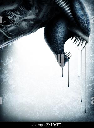 Futuristic, alien and robotic or scary creature with fangs or dripping ...