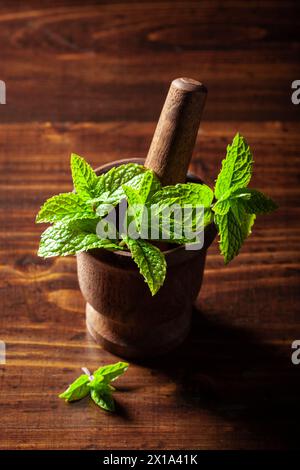 Fresh mint leafs in vintage mortar on wooden table Stock Photo