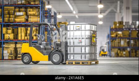 Forklift transports a hazardous material barrel inside a modern warehouse. 3d render Stock Photo