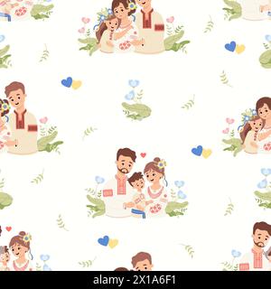 Cultural seamless pattern. Cute Ukrainian family. Dear mom, dad with son and daughter in traditional embroidered clothes on white background with flow Stock Vector