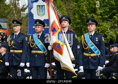 Non Exclusive: LVIV, UKRAINE - APRIL 15, 2024 - Cadets are pictured during the graduation ceremony for the students of the Lviv State University of Li Stock Photo