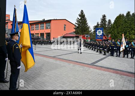 Non Exclusive: LVIV, UKRAINE - APRIL 15, 2024 - Participants are pictured during the graduation ceremony for the students of the Lviv State University Stock Photo