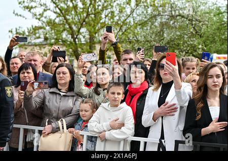 Non Exclusive: LVIV, UKRAINE - APRIL 15, 2024 - Participants are pictured during the graduation ceremony for the students of the Lviv State University Stock Photo