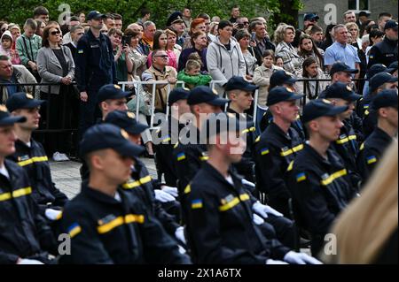 Non Exclusive: LVIV, UKRAINE - APRIL 15, 2024 - Cadets are pictured during the graduation ceremony for the students of the Lviv State University of Li Stock Photo