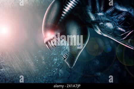 Alien, nightmare and scary creature as illustration with red eyes or fangs as horror beast, evil or monster. Figure, bright light and mutant robot Stock Photo