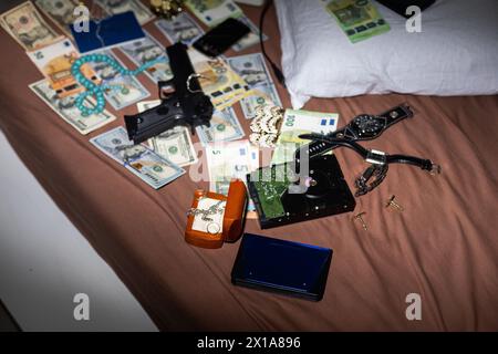 Flat lay composition with evidences and crime scene markers on background Stock Photo