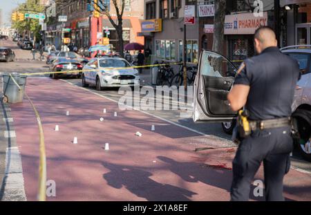 Bronx, USA. 15th Apr, 2024. Police are searching for the individuals responsible for shooting two men in the Bronx, New York on April 15, 2024. One male was pronounced deceased at Linclon Hospital, the other is in critial condition. (Photo by Steve Sanchez/Sipa USA). Credit: Sipa USA/Alamy Live News Stock Photo