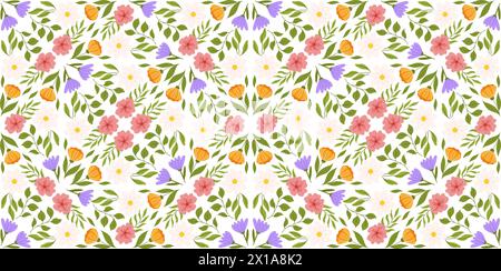 Continuous design pattern with floral elements. Botanical-inspired repeated design featuring lilac, orange, and white flowers, pink cherry blossom, di Stock Vector