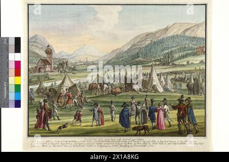 Imperial Russian encampment on the Neurauth at Innsbruck 1799, scene from the 2nd coalition war, alliance of Austria, Russia and England against Napoleon encampment of the Russian army of help at Innsbruck, 26.9.1799, in the foreground bourgeois and peasants as observer and visitor, view into Inn Valley against sunrise, on the left church of Pradl, city reverberation, on the right village Amras and castle ambergris. further details draw in places: Egerdach, Ampass, Rinn, Mils, rum, Volders, Baumkirchen, Thaur painted in watercolors pen drawing in sable on cardboard by Jacob Placidus retired mo Stock Photo