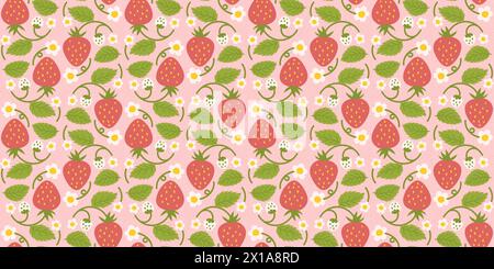 Design of a seamless strawberry pattern with adorable berries, flowers, green leaves. Repeated surface design applicable for clothing, textiles, wrapp Stock Vector