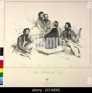 A matinée with Liszt, group picture: Franz Liszt on the piano, together with Joseph Kriehuber, Hector Berlioz, Charles Czerny and Heinrich Ernst. lithograph by Joseph Kriehuber., 1846 - 18460101 PD0799 - Rechteinfo: Rights Managed (RM) Stock Photo