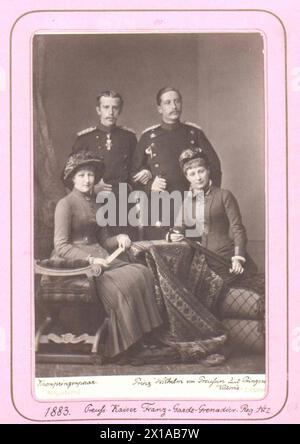 Rudolf, crown prince of Austria and prince William von Prussian, group image. Rudolf in uniform of the Royal Prussian emperor grenadier of the Franz guard regiment number 2, together with prince William of Prussian in escort with her wife Stephanie and August Victoria. Carte de cabinett size., 01.03.1884 - 18840301 PD0001 - Rechteinfo: Rights Managed (RM) Stock Photo