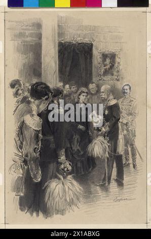 Visitation of emperor Franz Joseph I in Berlin on the 14th August 1889, The German Empress widow Augusta present emperor Franz Joseph I a picture of her defuncts husband emperor William I, of her grandchild, emperor William II, in Austrian uniform pencil drawing with white heightenings of William Gause, sign sketch outs to: 'Viribus unitis. Das Buch vom Kaiser', Vienna, Budapest, Leipzig: Max sweet 1898, p. 186, 1889 - 18890101 PD2060 - Rechteinfo: Rights Managed (RM) Stock Photo