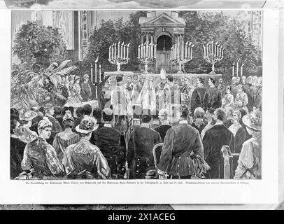 Wedding of archduchess Valerie, with Franz Salvator, archduke of Austria-Tuscany in the parish church to Bad Ischl. drawing by Franz Schlegel, reproduce in the wood engraving. LIZ 16.8.1890, side 177, 16.08.1890 - 18900816 PD0001 - Rechteinfo: Rights Managed (RM) Stock Photo