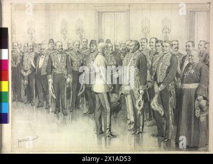Court ball - showing of the Corps Diplomatic in the marble hall of the Hofburg Palace, The Emperor is talking straight line with the German ambassador Philpp count zu Eulenburg-Hertefeld, pencil drawing on cardboard box, highlights in opaque white, by Theodor Zasche, signed 'ZASCHE' sketch outs for 'Viribus Unitis. Das Buch vom Kaiser', publisher. von Max hearted, Vienna 1898, page 45. (there precise figure code), - 18980101 PD2867 - Rechteinfo: Rights Managed (RM) Stock Photo