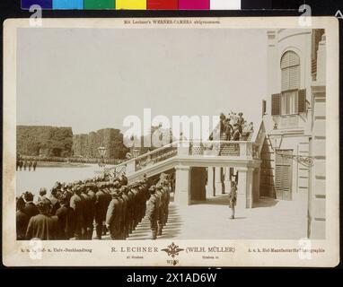 Homage of the Austrian huntsmen for emperor Franz Joseph I in Schoenbrunn, Franz Joseph rising of the flight of stairs of the castle down., 25.06.1898 - 18980625 PD0029 - Rechteinfo: Rights Managed (RM) Stock Photo