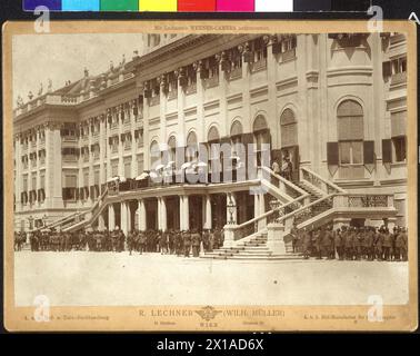 Homage of the Austrian huntsmen for emperor Franz Joseph I in Schoenbrunn, The formation of the hunter in front of the garden facade of the palace., 25.06.1898 - 18980625 PD0027 - Rechteinfo: Rights Managed (RM) Stock Photo