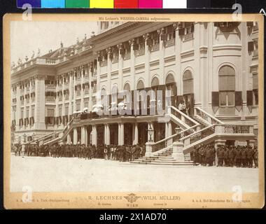 Homage of the Austrian huntsmen for emperor Franz Joseph I in Schoenbrunn, The formation of the hunter in front of the garden facade of the palace., 25.06.1898 - 18980625 PD0025 - Rechteinfo: Rights Managed (RM) Stock Photo