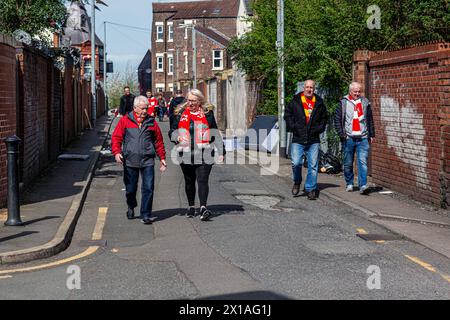 Liverpool football fans in Anfield on a match day before kick off , Liverpool , UK . Stock Photo
