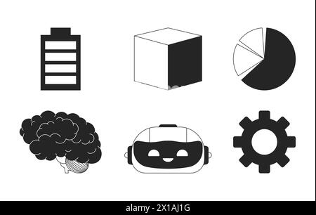 AI technology processing black and white 2D line cartoon objects set Stock Vector