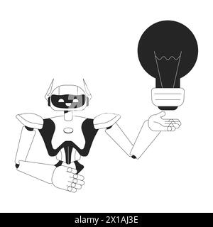 Robot assistant generating idea black and white 2D line cartoon character Stock Vector
