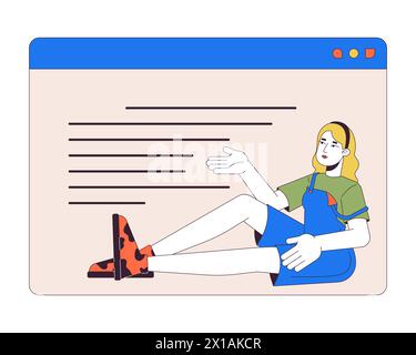 Woman pointing on website text block 2D linear cartoon character Stock Vector