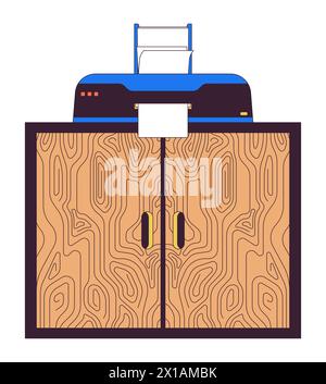 Printer with paper sheet on cabinet 2D linear cartoon objects Stock Vector