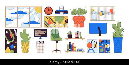 Office interior design details 2D linear cartoon objects set Stock Vector