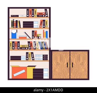 Bookshelves with wooden cabinet 2D linear cartoon objects Stock Vector