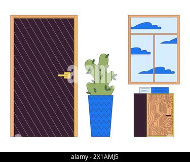 Doorway lobby decoration 2D linear cartoon objects set Stock Vector