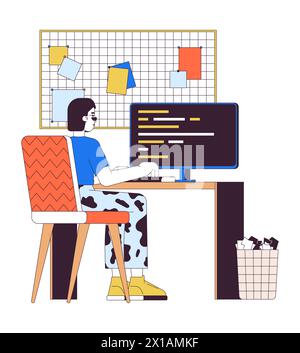 Asian woman working on computer 2D linear cartoon character Stock Vector