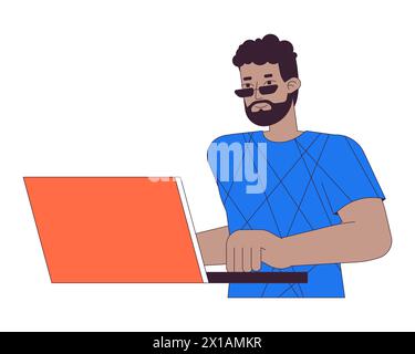 African american man using laptop 2D linear cartoon character Stock Vector