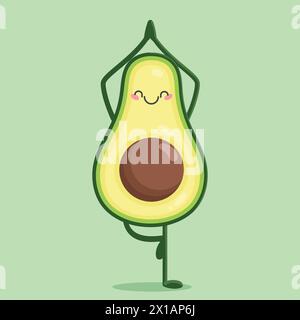 Cute cartoon character Avocado doing yoga. Healthy eating and fitness concept. Avocado in yoga pose. Vector illustration Stock Vector