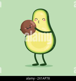 Cute cartoon character Avocado kissing the baby. Flat style. Vector illustration Stock Vector