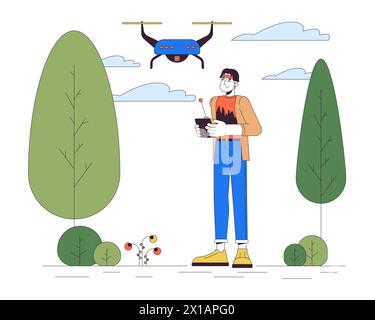 Korean man with drone in park line cartoon flat illustration Stock Vector