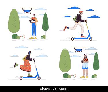 Technology in everyday life line cartoon flat illustrations set Stock Vector