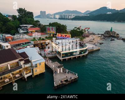 Lei Yue Mun, Hong Kong - October 23 2023: Aerial view of the seafront seafood restaurants in the fisherman village of Lei Yue Mun near Yau Tong in Kow Stock Photo