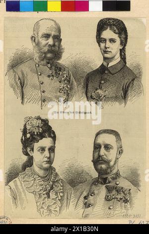 The parents of the bride of archduke Franz Salvator of Tuscany and archduchess Marie Valerie, tableau of the parents of the bride: top: Franz Joseph I, Emperor of Austria and Elisabeth and his wife Empress of Austria, at the bottom of: archduke Karl Salvator of Austria Tuscany and his wife princess Mary Immakulata of both Sicilies. title: 'Die Eltern des Braeutigams', newspaper cutting, 1890 - 18900101 PD15123 - Rechteinfo: Rights Managed (RM) Stock Photo