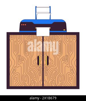 Printer with paper sheet on cabinet 2D linear cartoon objects Stock Vector