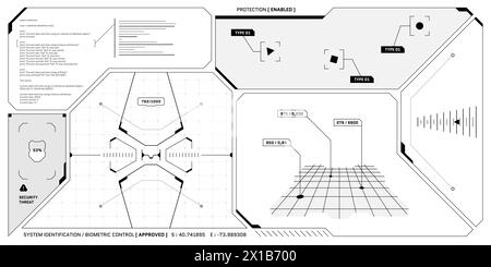 VR HUD futuristic control panel. Technology head up display target and UI command center screen. GUI digital virtual reality interface hi tech visor template. FUI Sci Fi spaceship cockpit dashboard Stock Vector