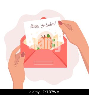 Red envelope with an autumn card in hands Stock Vector