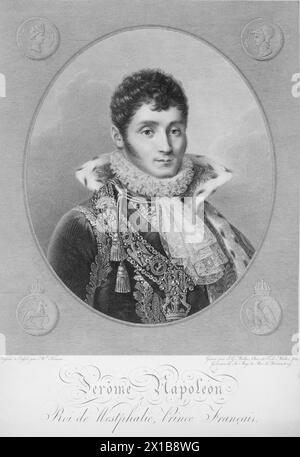 Jérome Bonaparte, King of Westphalia 1784 1860, picture of the Jérome Bonaparte in oval. engraving by Johann Gotthard Mueller together with Johann Friedrich William Mueller (for the face) based on drawing by Madamme Kinsoen. 1813. French legend. structure with 4 medallion in the corner kick. repro negative based on engraving, - 19830422 PD145625 - Rechteinfo: Rights Managed (RM) Stock Photo