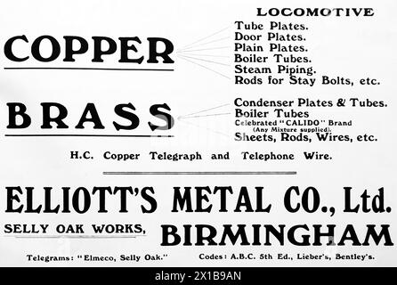 Advertisement for Elliott’s Metal Co. Ltd, of Selly-Oak, Birmingham. Copper and brass locomotive fittings. From an original publication dated 15 May 1924, this helps to give an insight into public transport, and the railways in particular, of the 1920s. Stock Photo