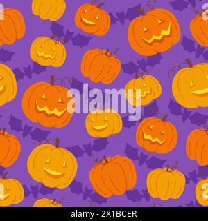 Seamless pattern of Halloween pumpkin lanterns on purple background Stock Vector