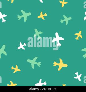 Airplane seamless pattern. Cute plane surface pattern for fashion print. Vector texture. White on bottle green. Stock Vector