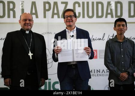 Mexico. 15th Apr, 2024. The candidate for Head of Government of Mexico City for the Citizen Movement party, Salomon Chertorivski, signs the Commitment to Peace: Public Policy Strategies for Peace of Mexico City organized by the Conference of the Mexican Episcopate, the Mexican Province of the Society of Jesus, the Conference of Major Superiors of Religious of Mexico, the Episcopal Dimension for the Laity, universities, churches and various Civil Society Organizations at the Intercontinental University (UIC). Credit: SOPA Images Limited/Alamy Live News Stock Photo